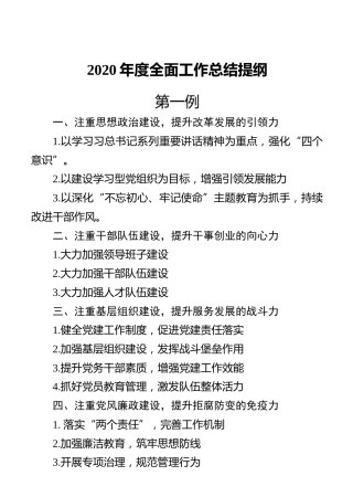 2020年度全面工作总结提纲
