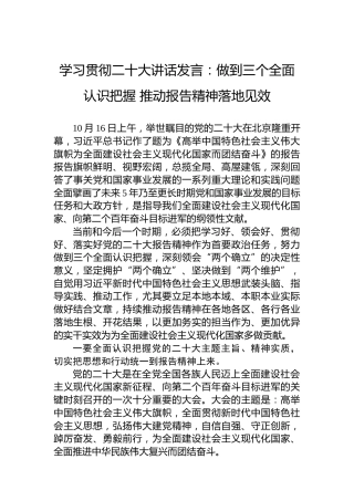 学习贯彻二十大讲话发言：做到三个全面认识把握推动报告精神落地见效