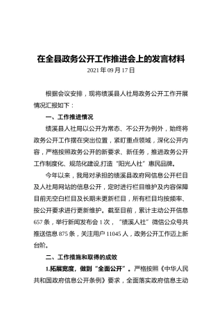 在全县政务公开工作推进会上的发言材料