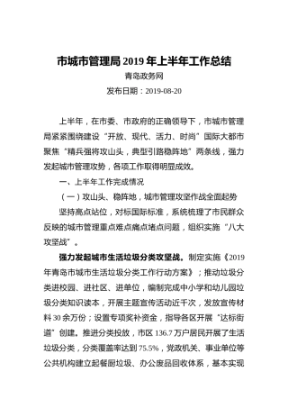 市城市管理局2019年上半年工作总结
