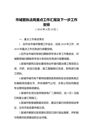 市城管执法局重点工作汇报及下一步工作安排