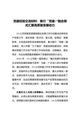 党建经验交流材料：推行“党建”融合模式汇聚高质量发展动力