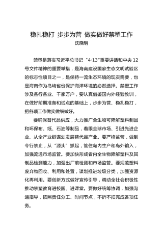 沈晓明：稳扎稳打 步步为营 做实做好禁塑工作