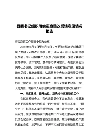 县委书记组织落实巡察整改反馈意见情况报告