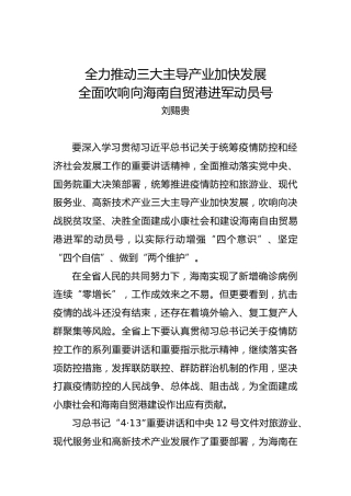 刘赐贵：全力推动三大主导产业加快发展全面吹响向海南自贸港进军动员号