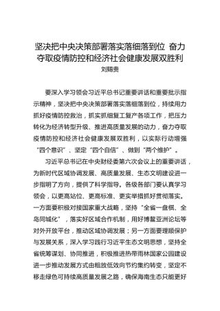 刘赐贵：坚决把中央决策部署落实落细落到位 奋力夺取疫情防控和经济社会健康发展双胜利