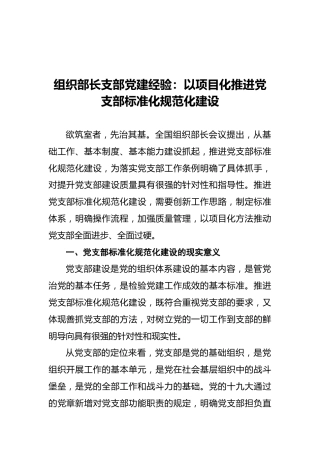 组织部长支部党建经验：以项目化推进党支部标准化规范化建设