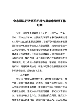 全市司法行政系统纪律作风集中整顿工作方案