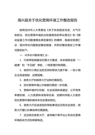 海兴县关于优化营商环境工作整改报告