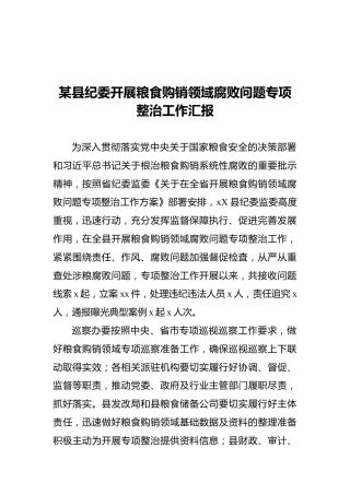 某县纪委开展粮食购销领域腐败问题专项整治工作汇报