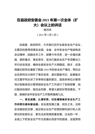 在县政府安委会2021年第一次全体（扩大）会议上的讲话
