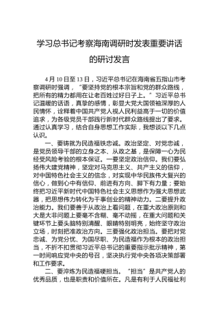 学习总书记考察海南调研时发表重要讲话的研讨发言
