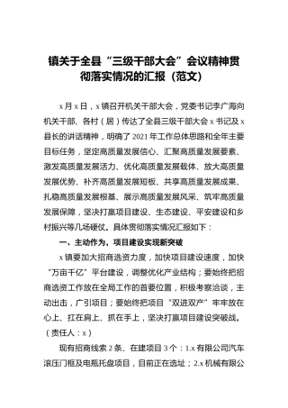 镇关于全县“三级干部大会”会议精神贯彻落实情况的汇报（范文）
