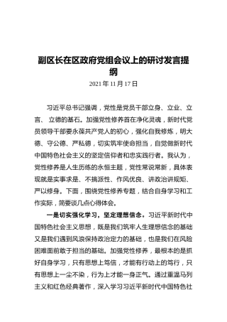 副区长在区政府党组会议上的研讨发言提纲（20211117）
