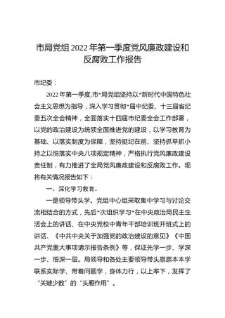 市局党组2022年第一季度党风廉政建设和反腐败工作报告