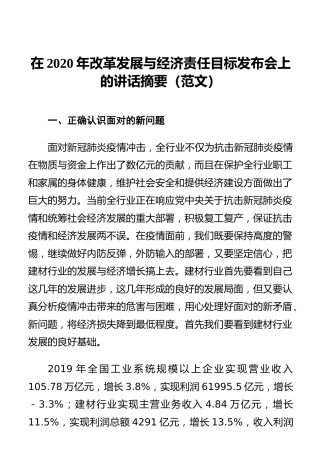 在2020年改革发展与经济责任目标发布会上的讲话摘要（范文）