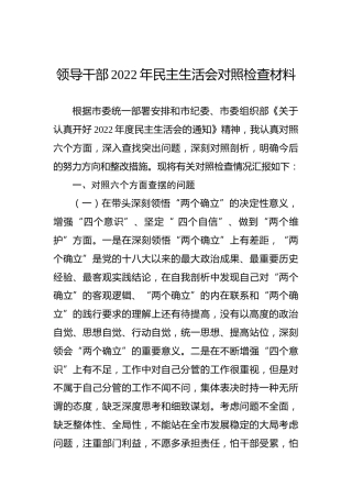 领导干部2022年民主生活会对照检查材料1