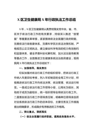 X区卫生健康局X年行政执法工作总结