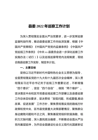 县委2022年巡察工作计划