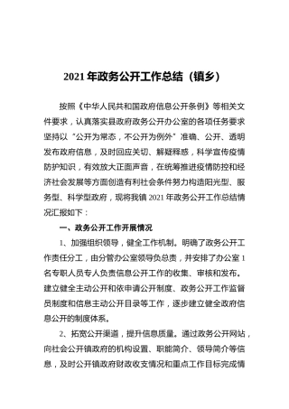 2021年政务公开工作总结（镇乡）