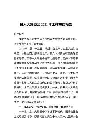 2021年县人大常委会工作总结报告