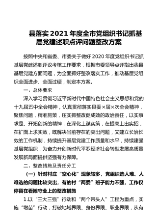 县落实2021年度全市党组织书记抓基层党建述职点评问题整改方案