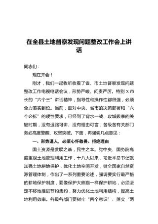 在全县土地督察发现问题整改工作会上讲话