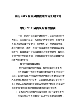 银行201X全面风险管理报告汇编3篇