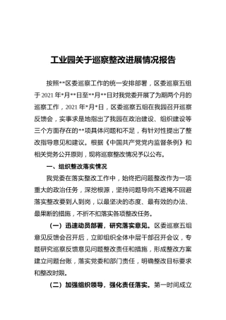 工业园关于巡察整改进展情况报告