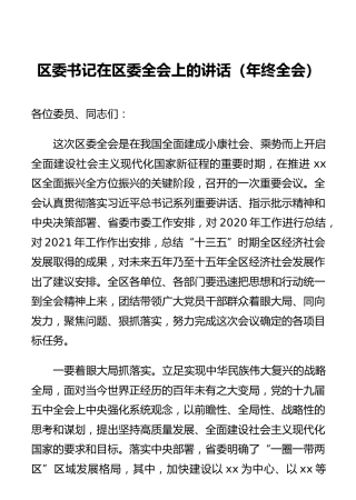 区委书记在区委全会上的讲话（年终全会）