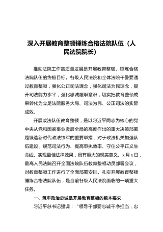 深入开展教育整顿锤炼合格法院队伍（人民法院院长）
