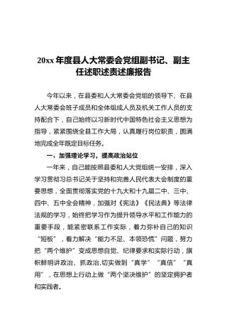 20xx年度县人大常委会党组副书记、副主任述职述责述廉报告