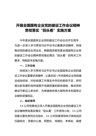 开展全国国有企业党的建设工作会议精神贯彻落实“回头看”实施方案