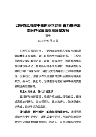 海南省医疗保障局党组书记、局长贾宁：以好作风凝聚干事创业正能量奋力推进海南医疗保障事业高质量发展