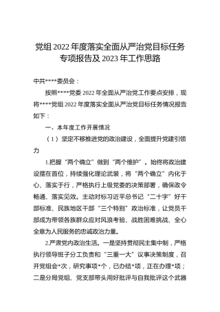党组2022年度落实全面从严治党目标任务专项报告及2023年工作思路