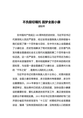 贵州省委书记谌贻琴：不负殷切嘱托‍圆梦全面小康