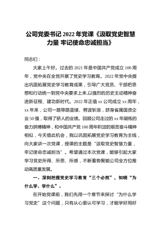 公司党委书记2022年党课《汲取党史智慧力量牢记使命忠诚担当》