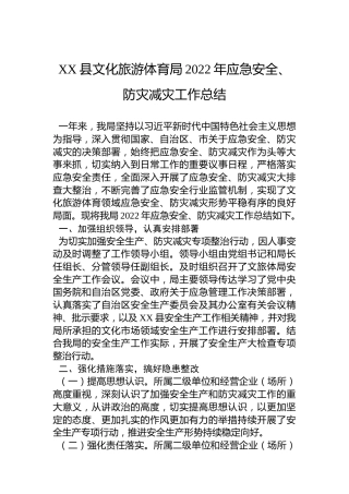 XX县文化旅游体育局2022年应急安全、防灾减灾工作总结