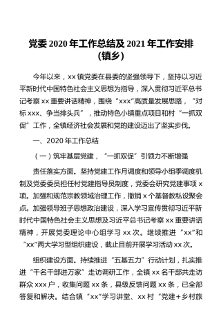 党委2020年工作总结及2021年工作安排（镇乡）
