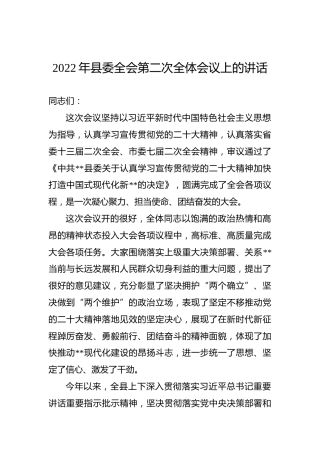 2022年县委全会第二次全体会议上的讲话