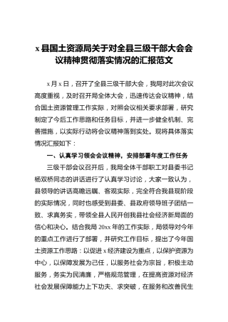 x县国土资源局关于对全县三级干部大会会议精神贯彻落实情况的汇报范文