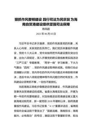 陈凤超：狠抓作风整顿建设践行司法为民宗旨为海南自贸港建设提供坚强司法保障