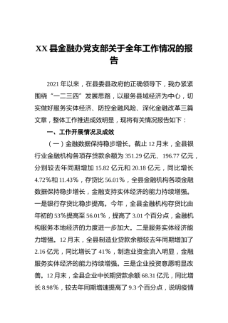 XX县金融办党支部关于全年工作情况的报告