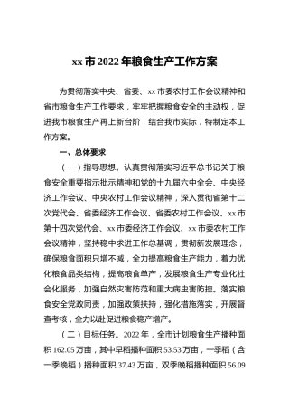 xx市2022年粮食生产工作方案