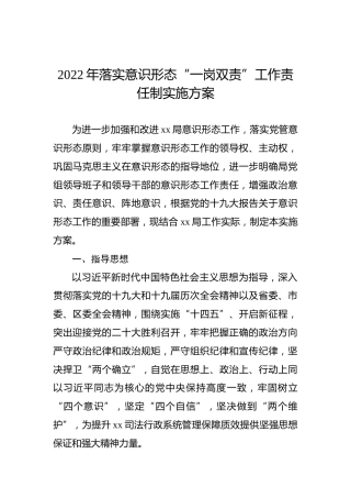 2022年落实意识形态“一岗双责”工作责任制实施方案