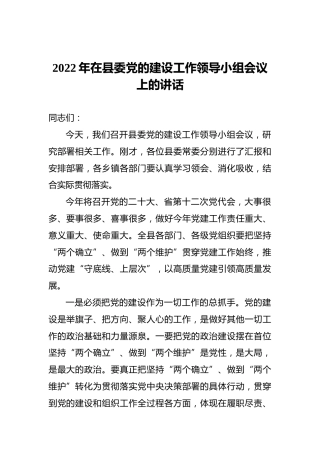 2022年在县委党的建设工作领导小组会议上的讲话
