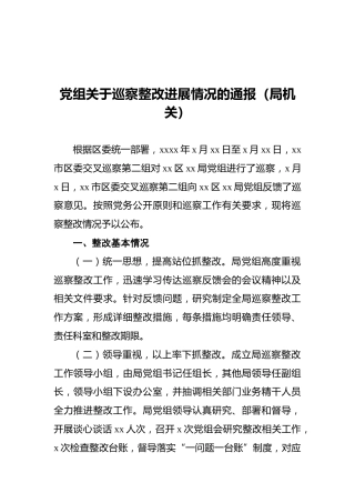 党组关于巡察整改进展情况的通报（局机关）