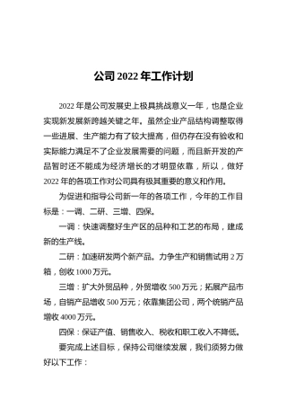 2022年公司工作计划