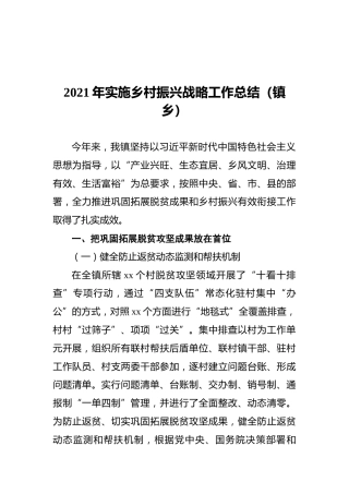 2021年实施乡村振兴战略工作总结（镇乡）