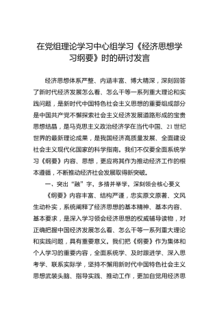在党组理论学习中心组学习《经济思想学习纲要》时的研讨发言